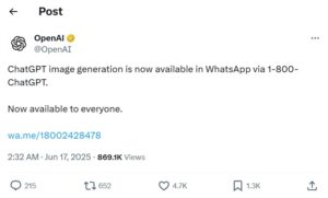 OpenAI post - AI images on WhatsApp with ChatGPT
