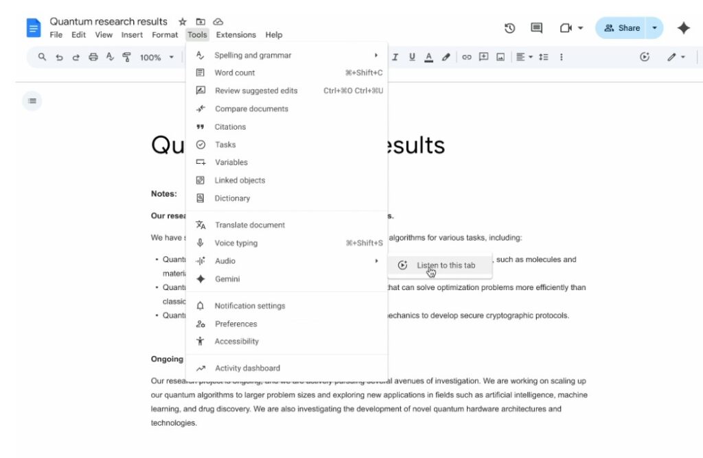Google Docs Adds AI Audio Feature Using Gemini