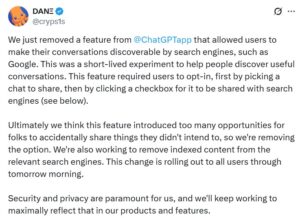 disablement of the discoverability feature of ChatGPT conversations
